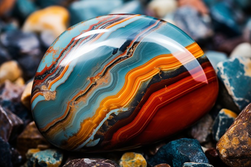 A stunning close-up shot of a polished jasper gemstone, showcasing its unique patterns and vibrant colors.
