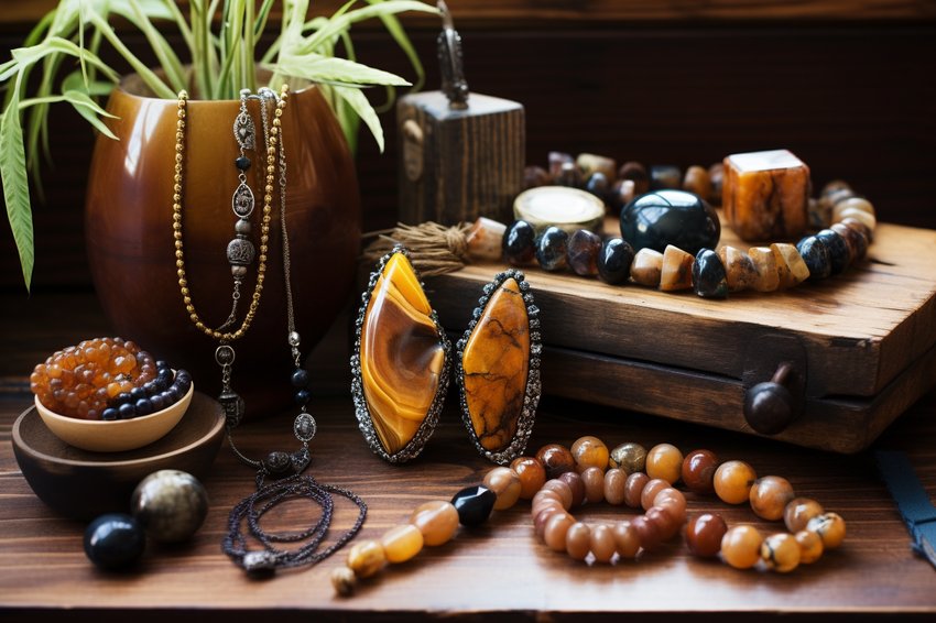 A stunning collection of Tiger's Eye jewelry displayed on a rustic wooden table