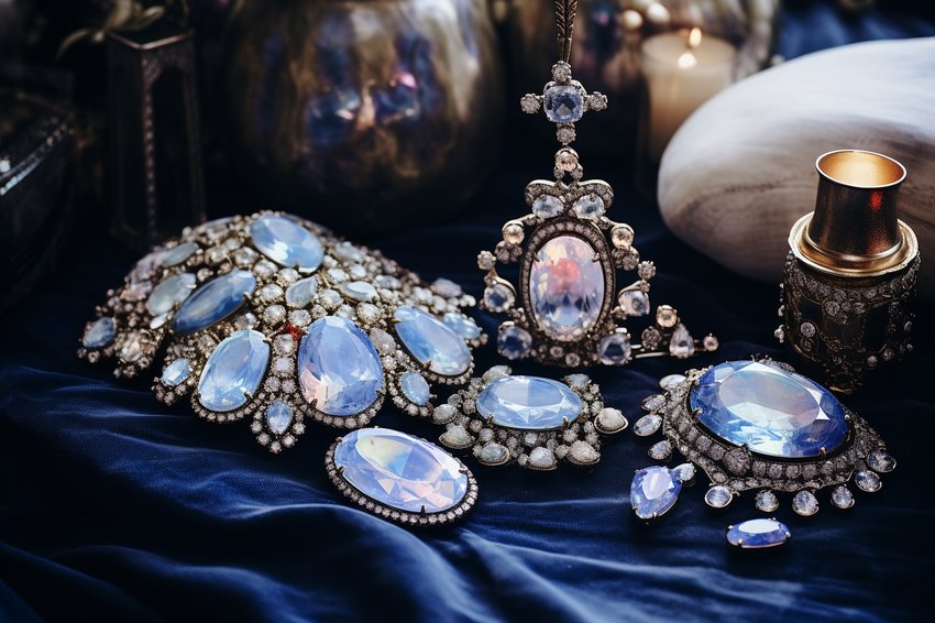 A stunning collection of opal jewelry displayed on a velvet cushion