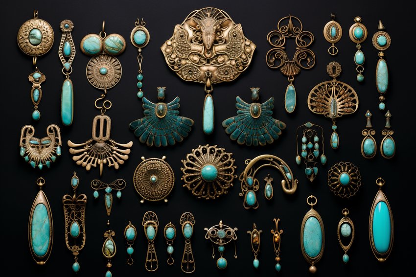 A stunning display of various turquoise jewelry pieces, showcasing their unique blue-green hues and intricate designs.