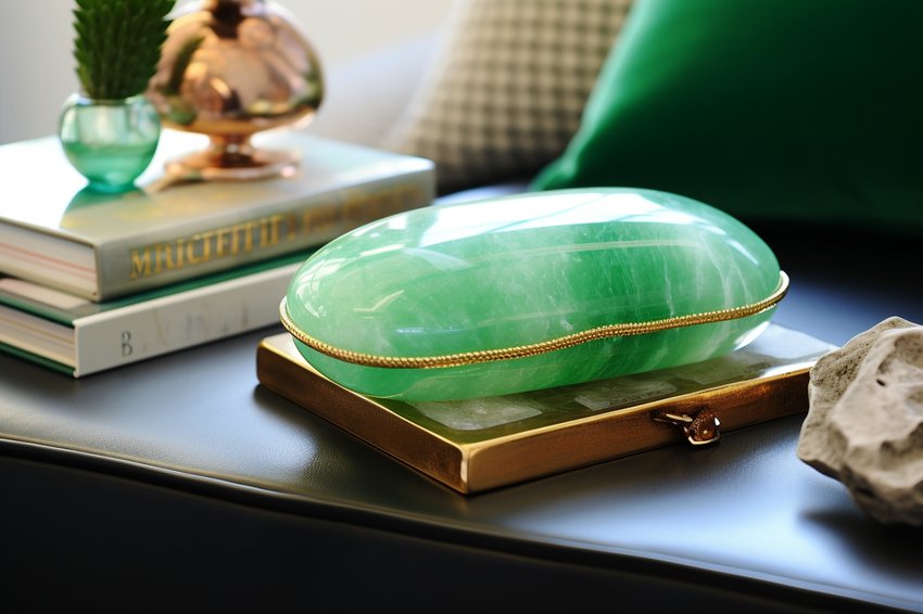 A stunning piece of Chrysoprase jewelry beautifully displayed on a velvet cushion