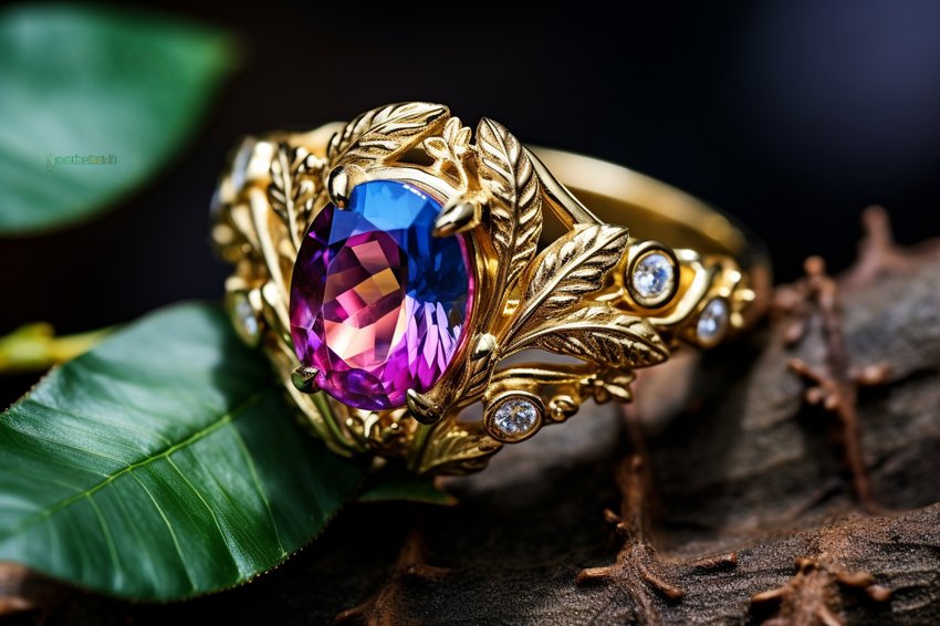 A stunning piece of birthstone jewelry, showcasing a vibrant gemstone set in a delicate gold setting