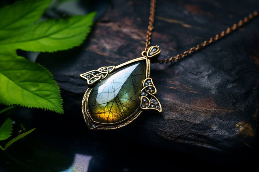 A stunning piece of labradorite jewelry sparkling under the light, showcasing its unique color play