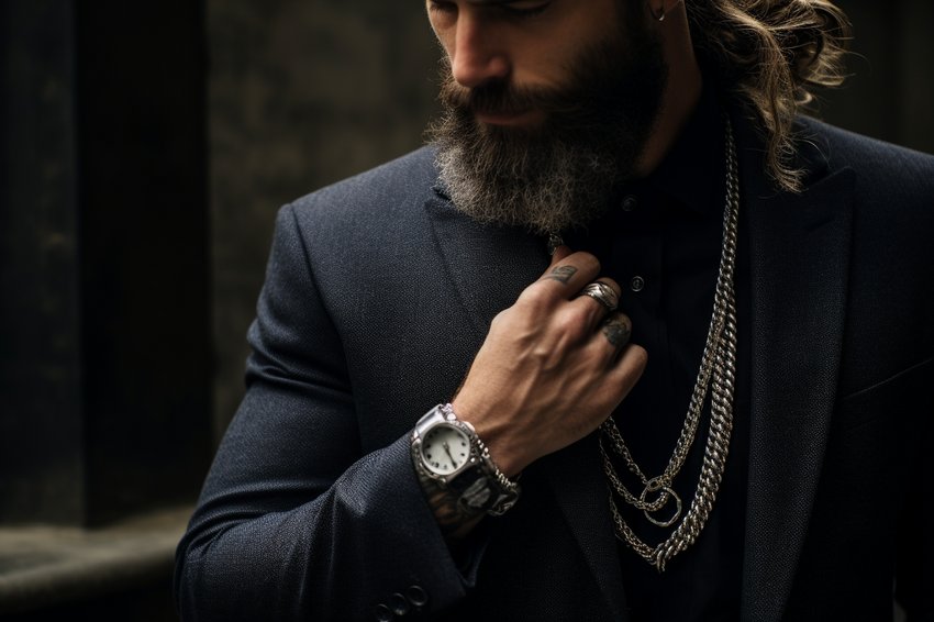 A stylish man wearing a variety of modern men's jewelry pieces.