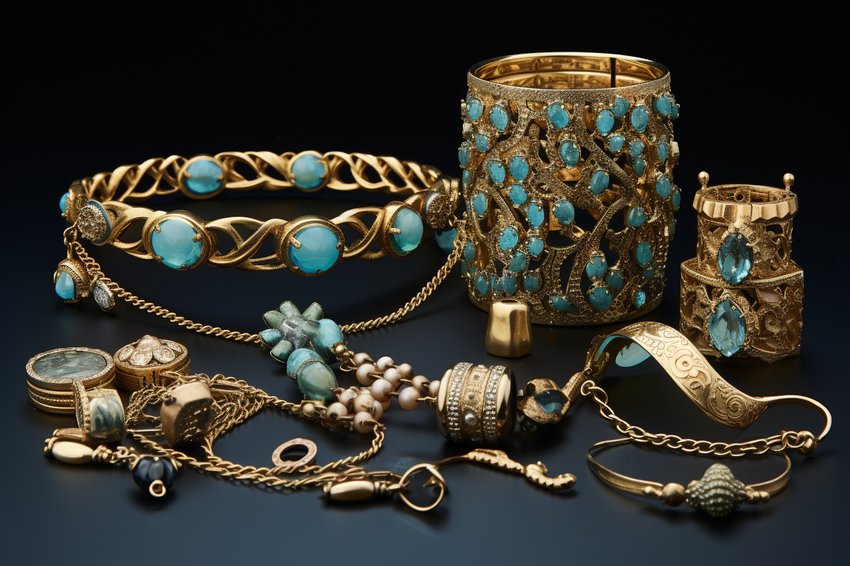A variety of Azurit jewelry pieces, including necklaces, bracelets, and earrings