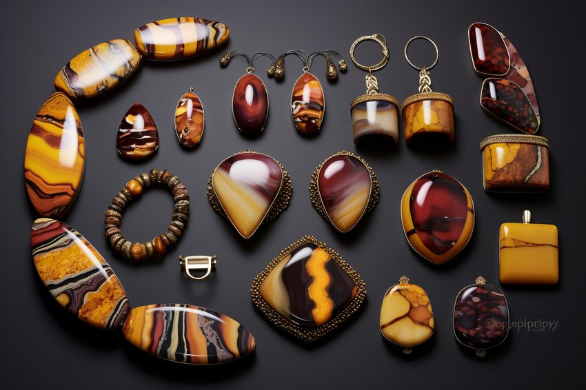 A variety of Mookaite jewelry pieces, demonstrating the versatility of this gemstone in different designs.