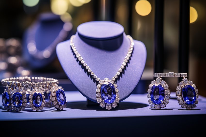 A variety of Tanzanite jewelry pieces displayed in a high-end jewelry store.