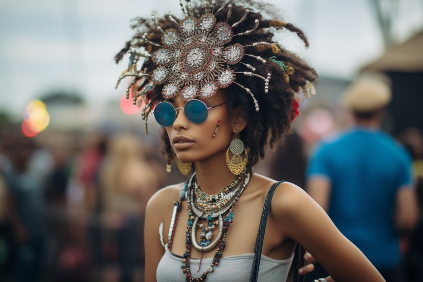 A vibrant image of a concert-goer adorned with various pieces of jewelry, highlighting their personal style and the energy of the concert.