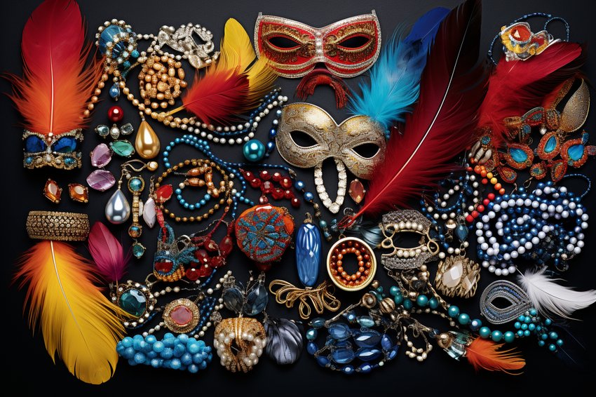 A vibrant image of various Fasching jewelry pieces, including colorful beads, masks, and feathered accessories.