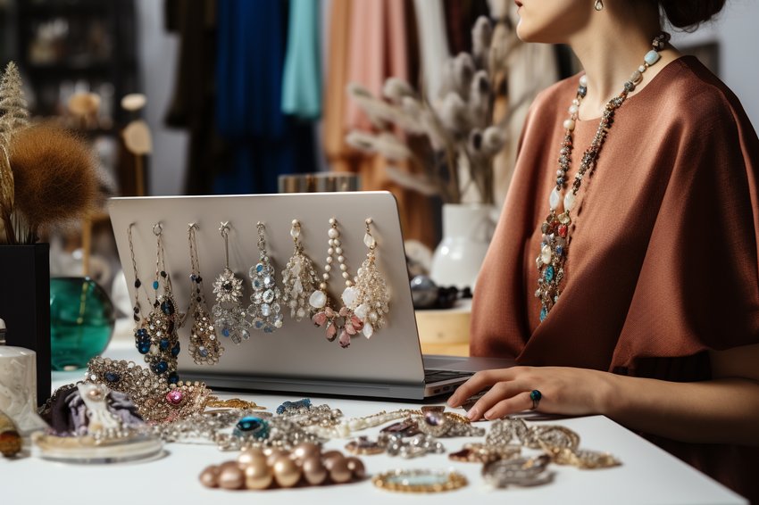 A woman browsing jewelry options on her laptop, with various pieces of jewelry displayed on the screen