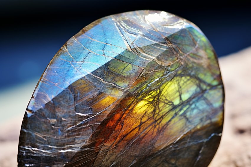 Close-up of a labradorite gemstone, highlighting its iridescent colors and patterns