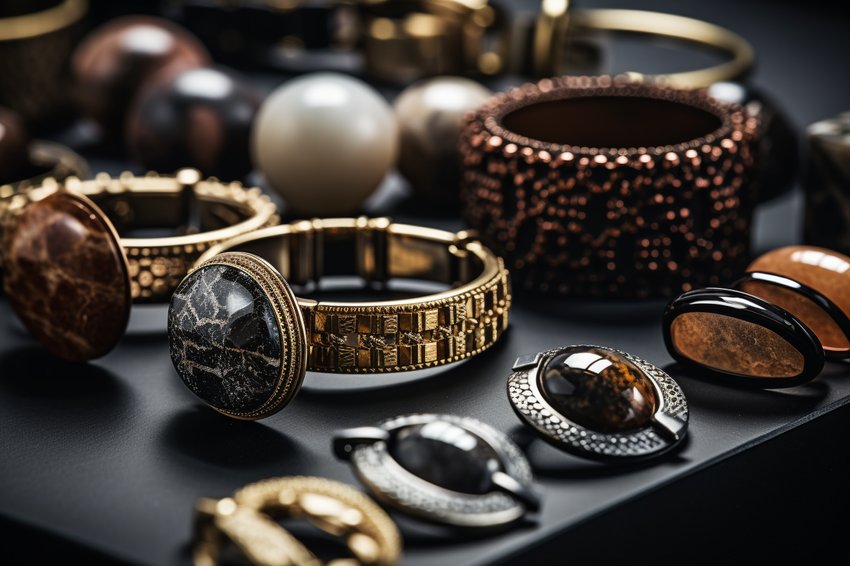 Close-up shot of various men's jewelry made from different materials, highlighting their unique textures and colors.