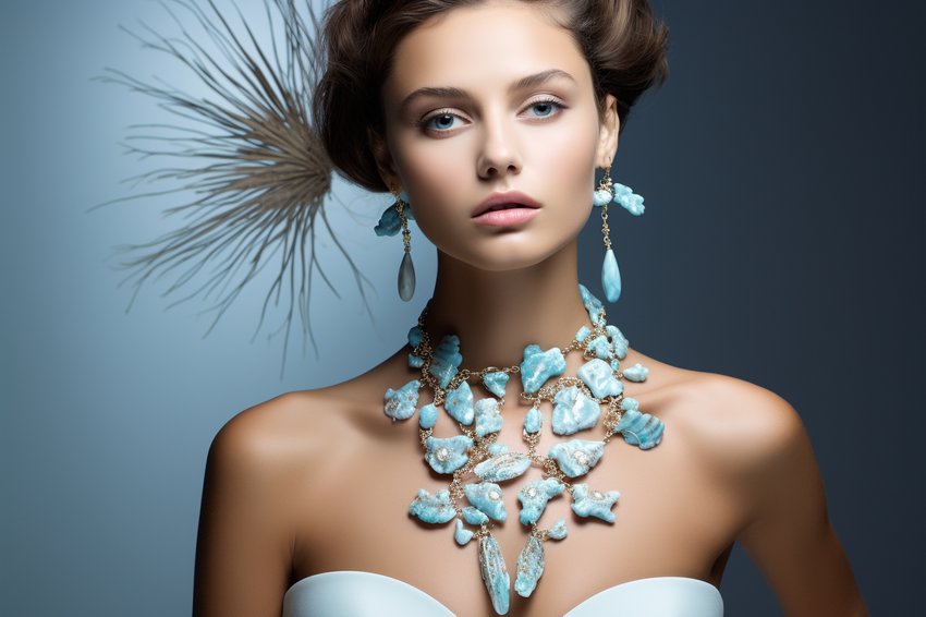 Ein Model trägt eine Larimar-Halskette, die zeigt, wie das Schmuckstück einem einfachen Outfit eine elegante Note verleihen kann.