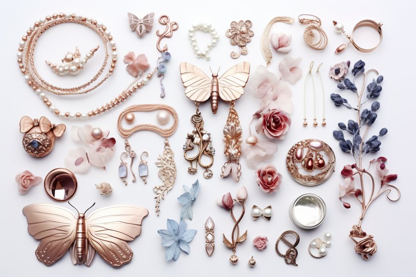 Eine Kollektion verschiedener Schmuckstücke, darunter Halsketten, Armbänder und Ohrringe, wunderschön arrangiert auf einem weißen Hintergrund