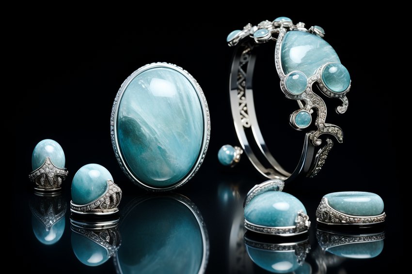 Eine atemberaubende Ausstellung verschiedener Larimar-Schmuckstücke, die die einzigartige blaue Farbe und die komplexen Designs des Steins zur Schau stellen.