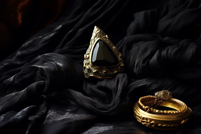 Eine atemberaubende Kollektion von Onyx-Schmuck, präsentiert auf einem schwarzen Samttuch