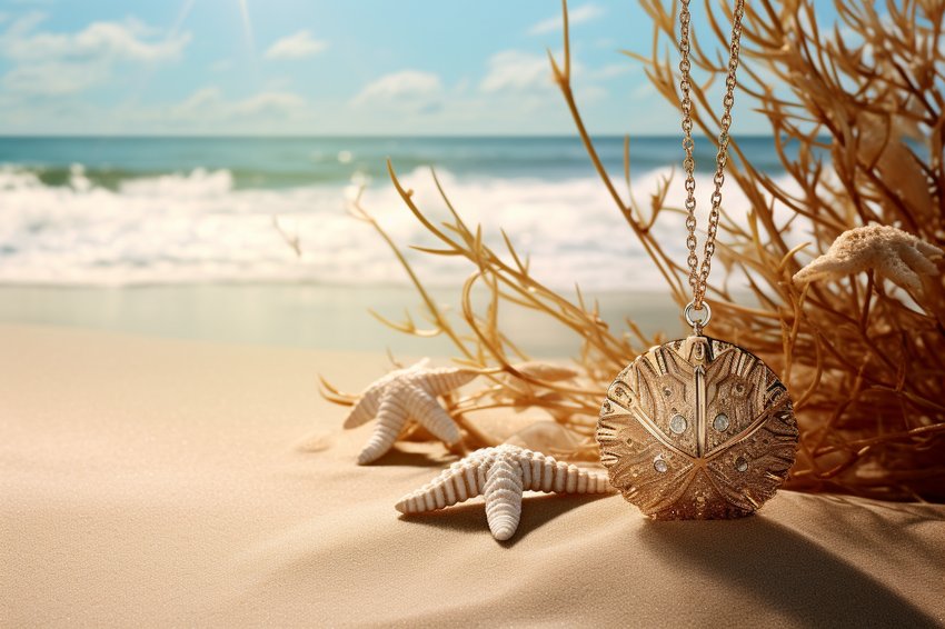 Eine atemberaubende Kollektion von Sommer Schmuck, präsentiert vor einem Strandhintergrund
