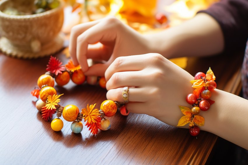 Hands crafting a DIY autumn-themed bracelet with colorful beads
