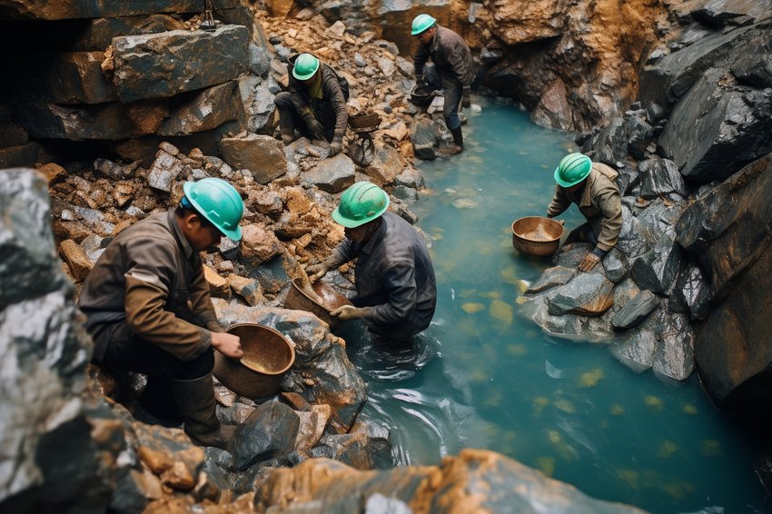 Workers in a mine, carefully extracting Amazonite from the earth.